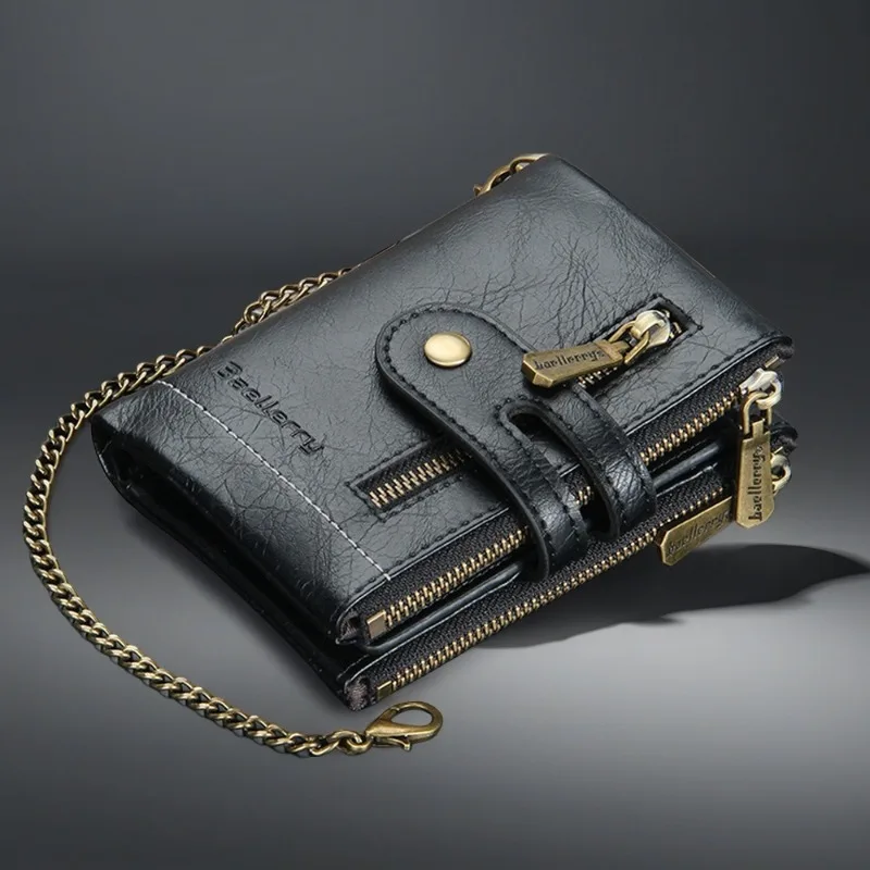 Baellerry Business Wallet Double Zipper Chain Triple Fold Multi-Card Men's Short Card Clip Large Capacity Fashion Coin Bag