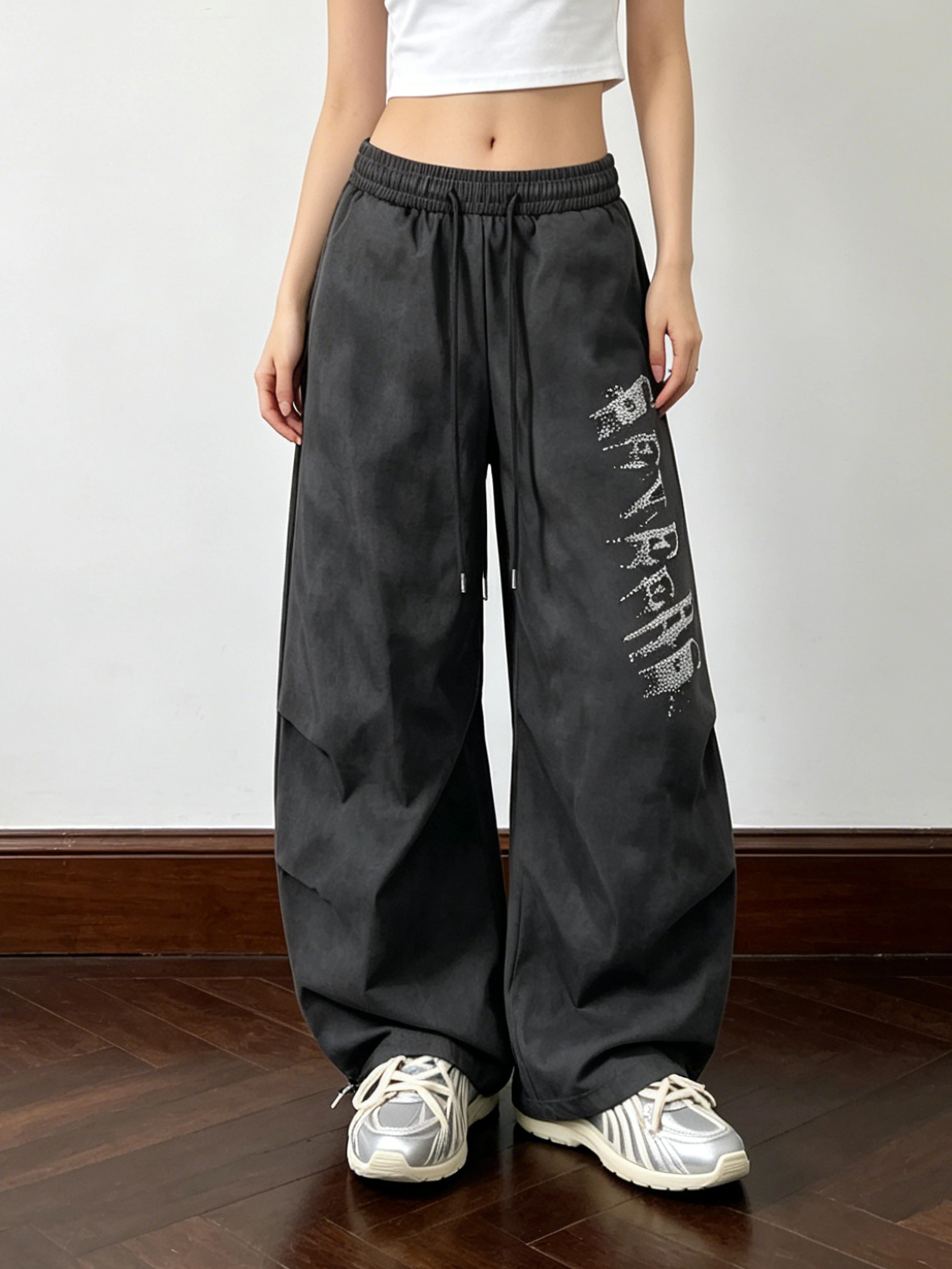 

Casual American Dyed Wide Leg Sport Pants Women's Drawstring Waist Baggy Versatile Couple's Trendy Brand Sweatpants