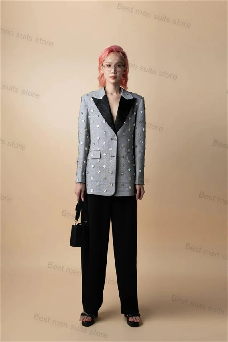 Fashion Women Suits Set 2 Pieces Button Blazer+Wide Leg Pants Formal Sexy V Neck Jacket Coat Loose Style Wedding Tuxedo Tailored