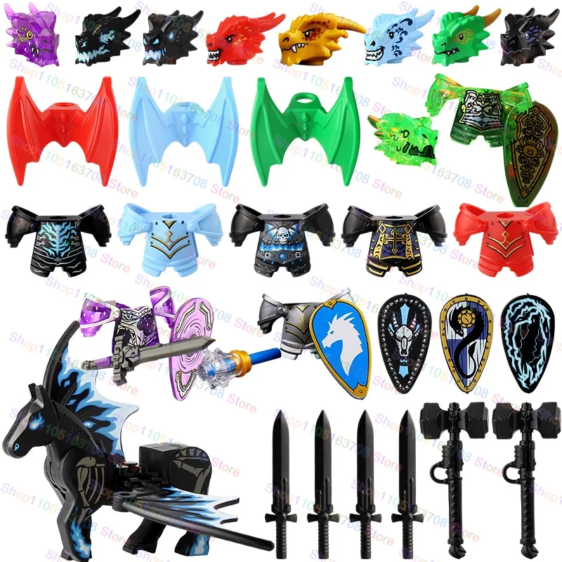 Blocos de construção de cavaleiros medievais, cavaleiros de dragão relâmpago, acessórios de figura de montagem de dragão, modelo de jogos, brinquedo de tijolo de montagem
