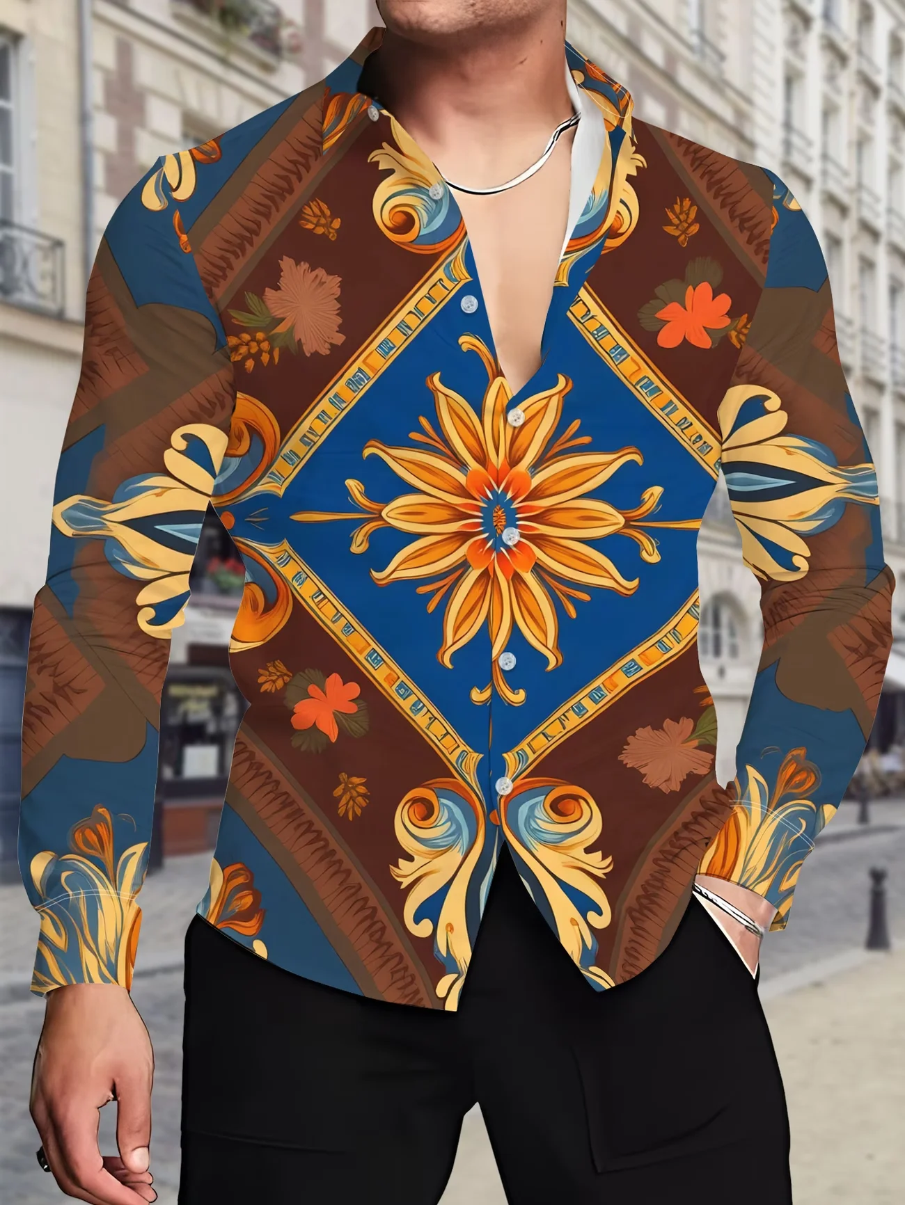 New ukiyo-e samurai maple leaf 3D printed men's long sleeved shirt, retro and stylish slim fit casual shirt