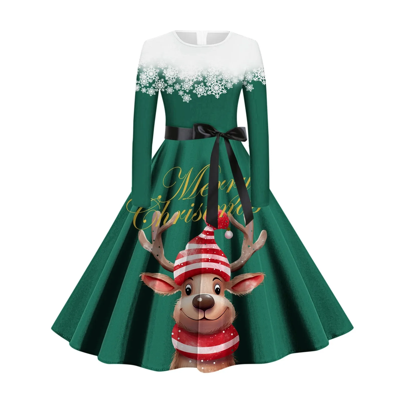 Holiday Charm Party Formal Pleated Dress Festive Lace Up Round Neck Maxi Dress Christmas Print Long Sleeve Flare Dress Women