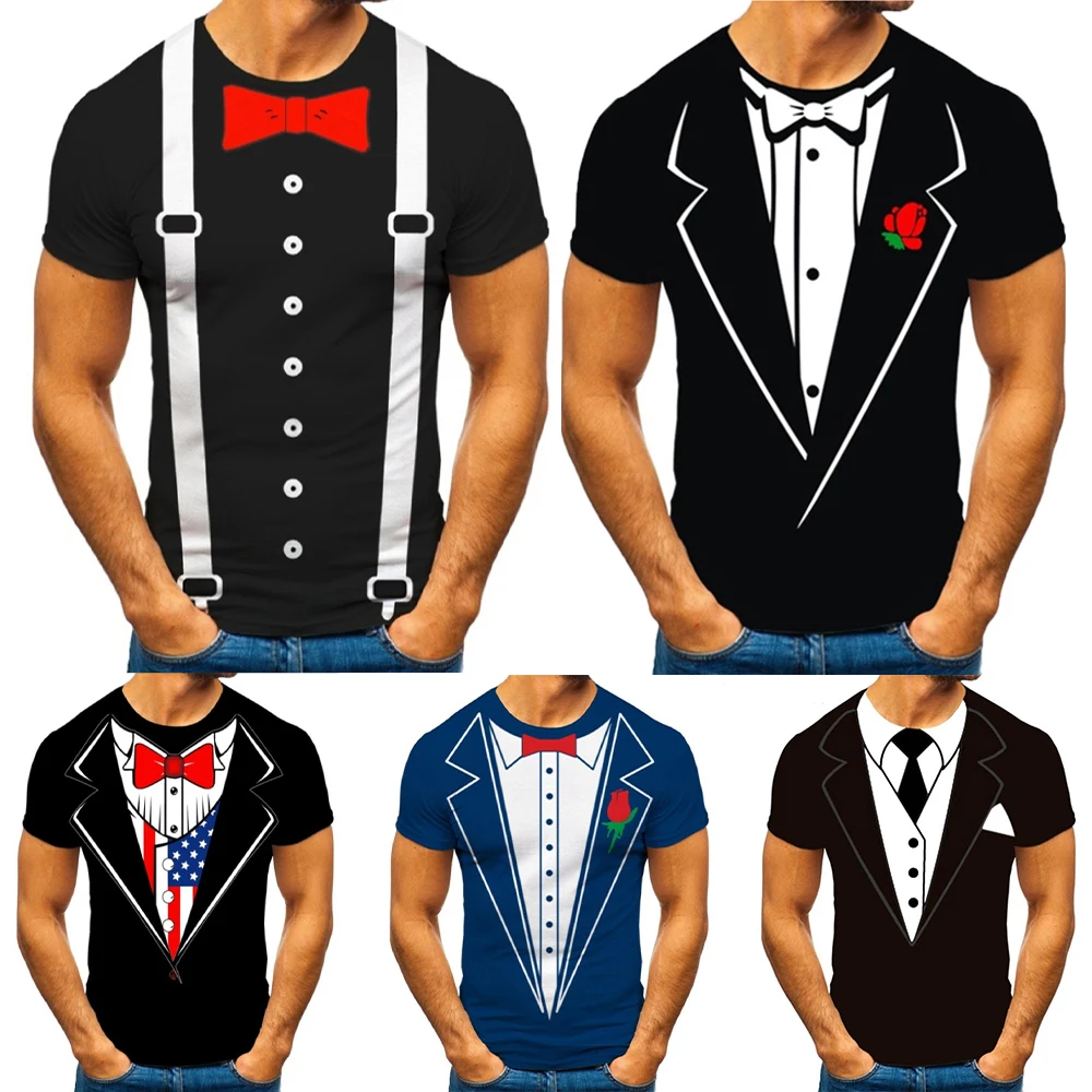 New Funny Fake Suit Bow Tie 3D T-shirt Men\'s Shirt Tuxedo Retro Tie Suit Printed T Shirt Fashion Casual Streetwear Short Sleeved