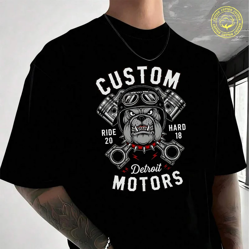 

Custom Detroit Motors Bulldog Ride 20 Hard 18 Men's T Shirt Moto Casual High Quality Cotton Round Neck Short Sleeved T-shirt