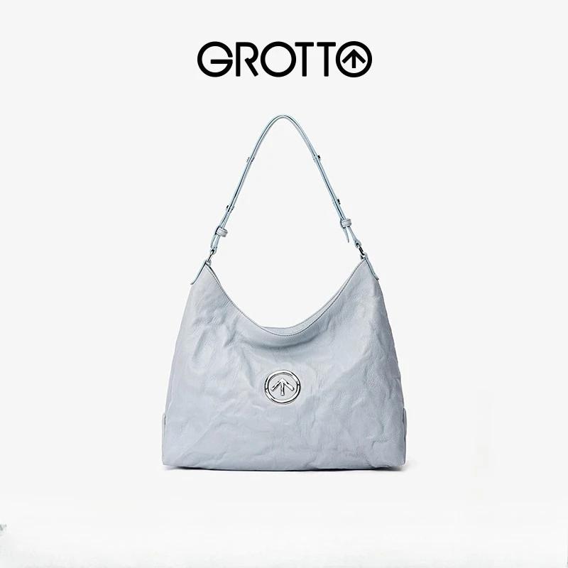 

GROTTO Blue Stone Hobo Italian Vegetable-Tanned Sheepskin Single-Shoulder Crossbody Soft Bag Simple and Casual
