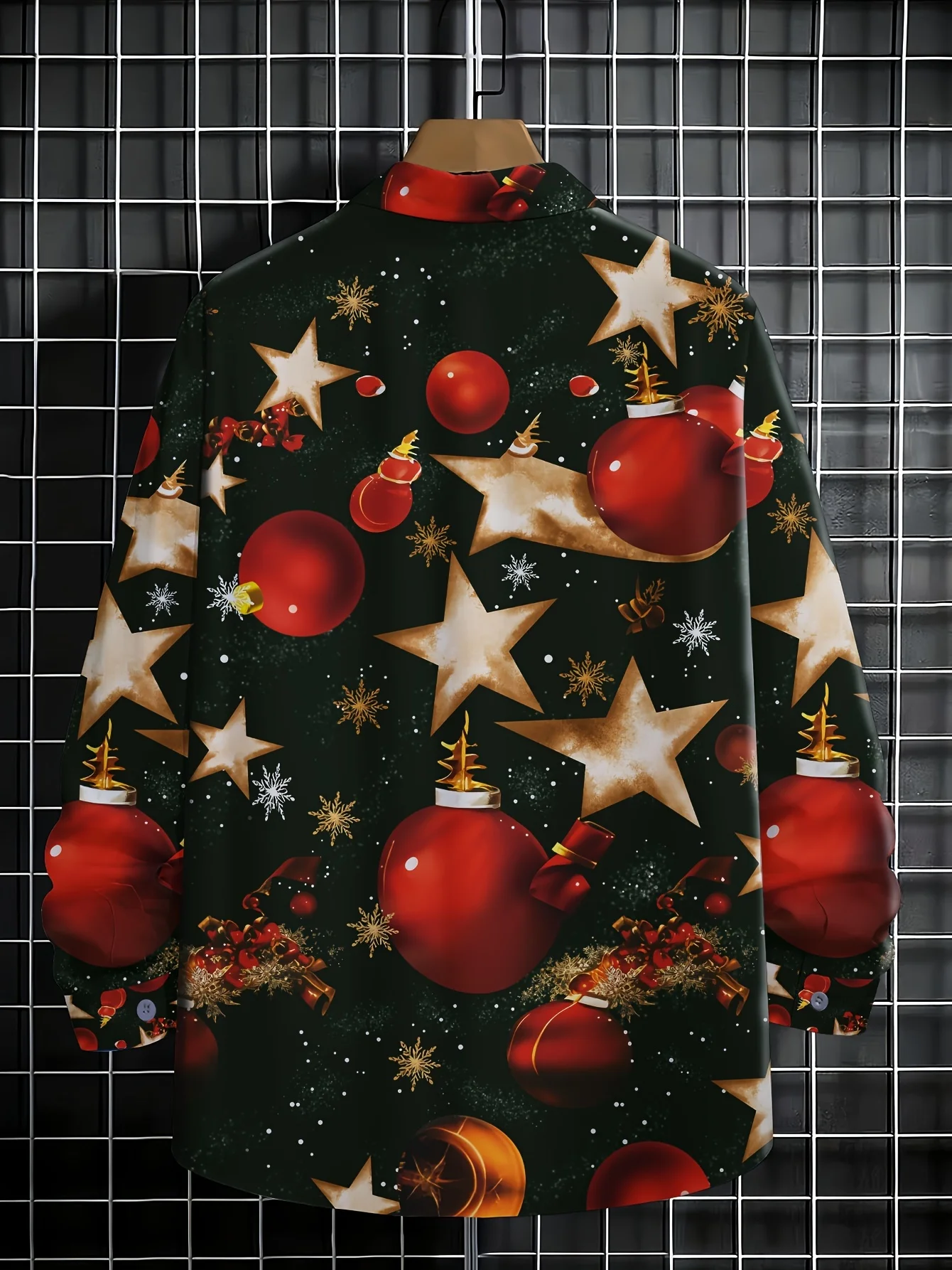 Men Long Sleeve Button Down Shirt Black Christmas Bauble Star Snowflake Print Polyester Lapel Collar Holiday