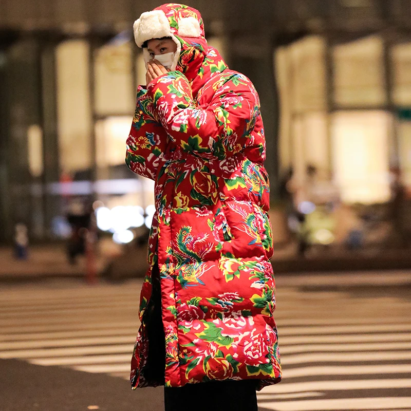 

Thiened Winter Cotton Jaet for Men Knee-Length Overcoat Ethnic Sle Northeast China Large Flower Pattern Warm Youth Faion