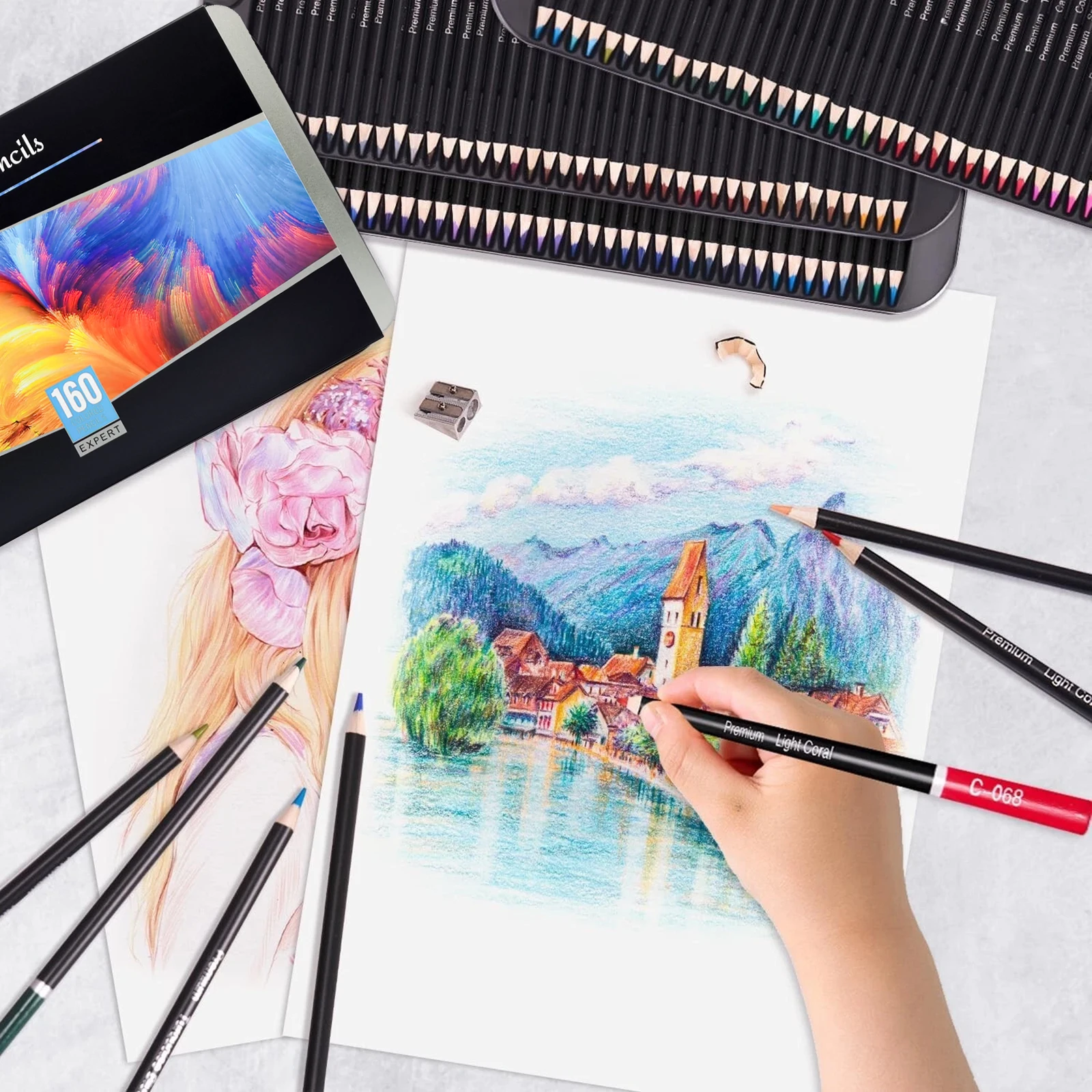 Conjunto de lápis de cor de artista 160, lápis de desenho de arte numerado profissional de núcleo macio para esboçar sombreamento mistura artesanato, lata