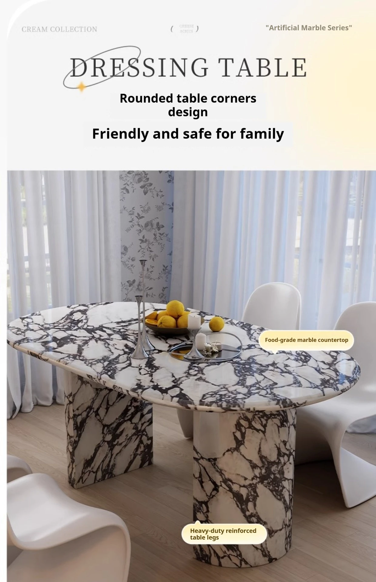 

French Style Round Marble Table, Thickened Oval Retro Table for Small Space, Scratch Resistant & Anti-bacterial, Customizable