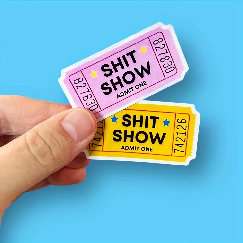 Divertida pegatina de vinilo estilo boleto 'Shit Show Admit One', calcomanía de humor de moda para portátil, botella de agua, funda de teléfono, cuaderno y más