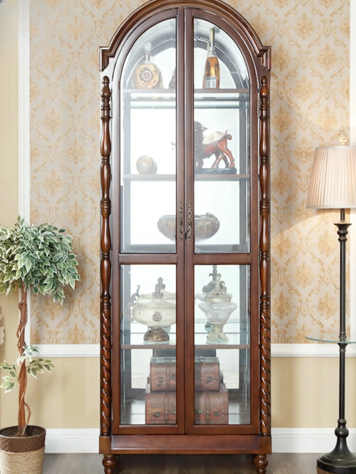 

American all-solid wood double-door wine cabinet European simple retro arched home living room partition