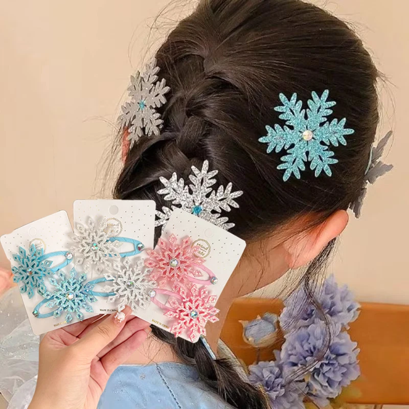

2pcs Winter New Princess Frozen Snowflake Hairpins for Girls Lovely Hair Clip Cosplay Barrettes Christmas Kids Headwear Gifts