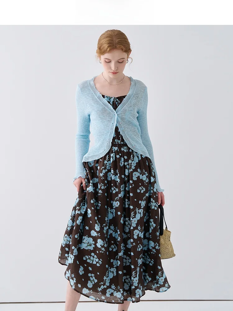 

Blue Lace Trim Knitted Cardigan Women's Summer 2025 Slimming ort Sle Outerwear Top Sweet Sle V-Ne Long Sve