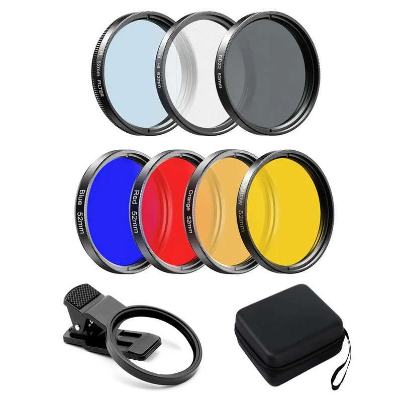 Kit de lentes de filtro 7 en 1, filtro UV totalmente azul y rojo de 52 mm/2,05 pulgadas + filtro CPL ND + Star adecuado para teléfonos móviles, cámaras, videos, Vlo