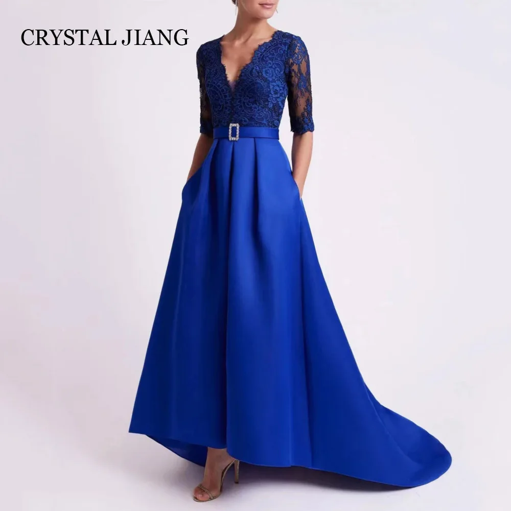 

Elegant Long Blue V Neck Satin Lace Evening Dresses Half Sleeves A Line Sweep Train Vestidos De Fiesta Elegantes 2024