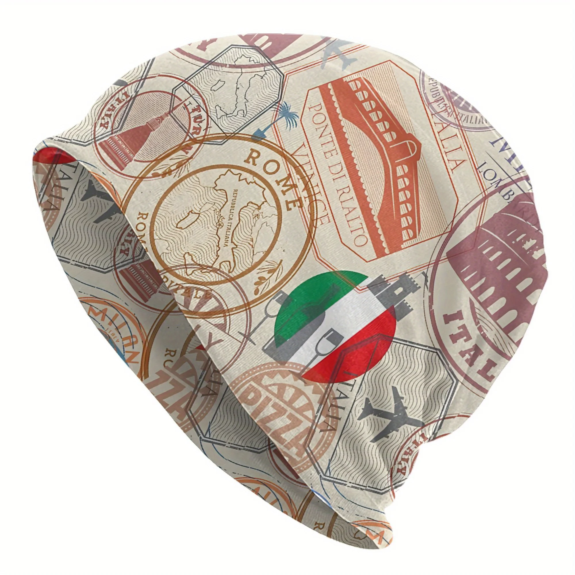 Vintage Italian Travel Stamp Beanie Retro Rome Italy Passport Stamp Design with Italian Flag Colors for Travel Enthusiasts