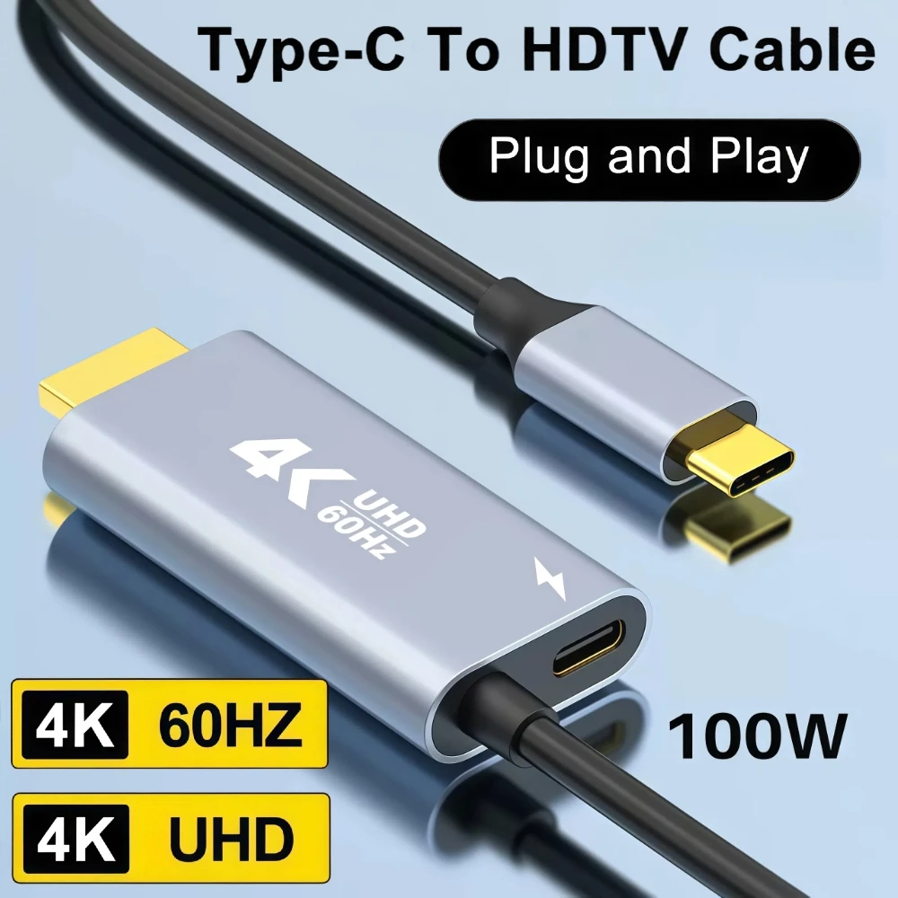 

4K 60Hz Type C to HDMI-Compatible Adapter Cable With 100W PD Fast Charging for Laptop Tablet Phone to TV Monitor Projector