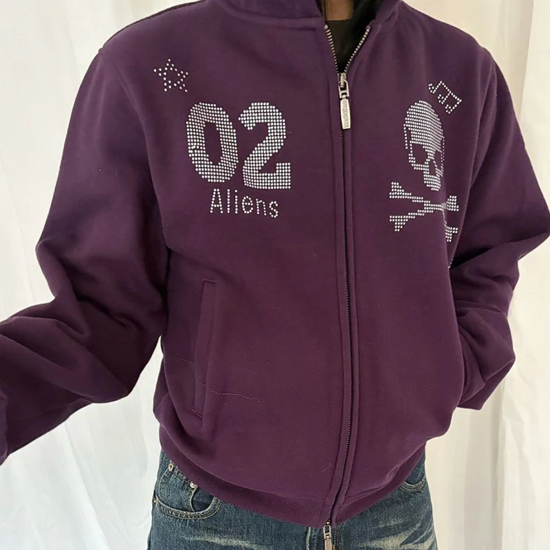 الأمريكية خمر الثقيلة هوديي المرأة طويلة الأكمام زمم حجر الراين البلوز Harajuku Y2K الجمجمة الشارع معطف غير رسمي