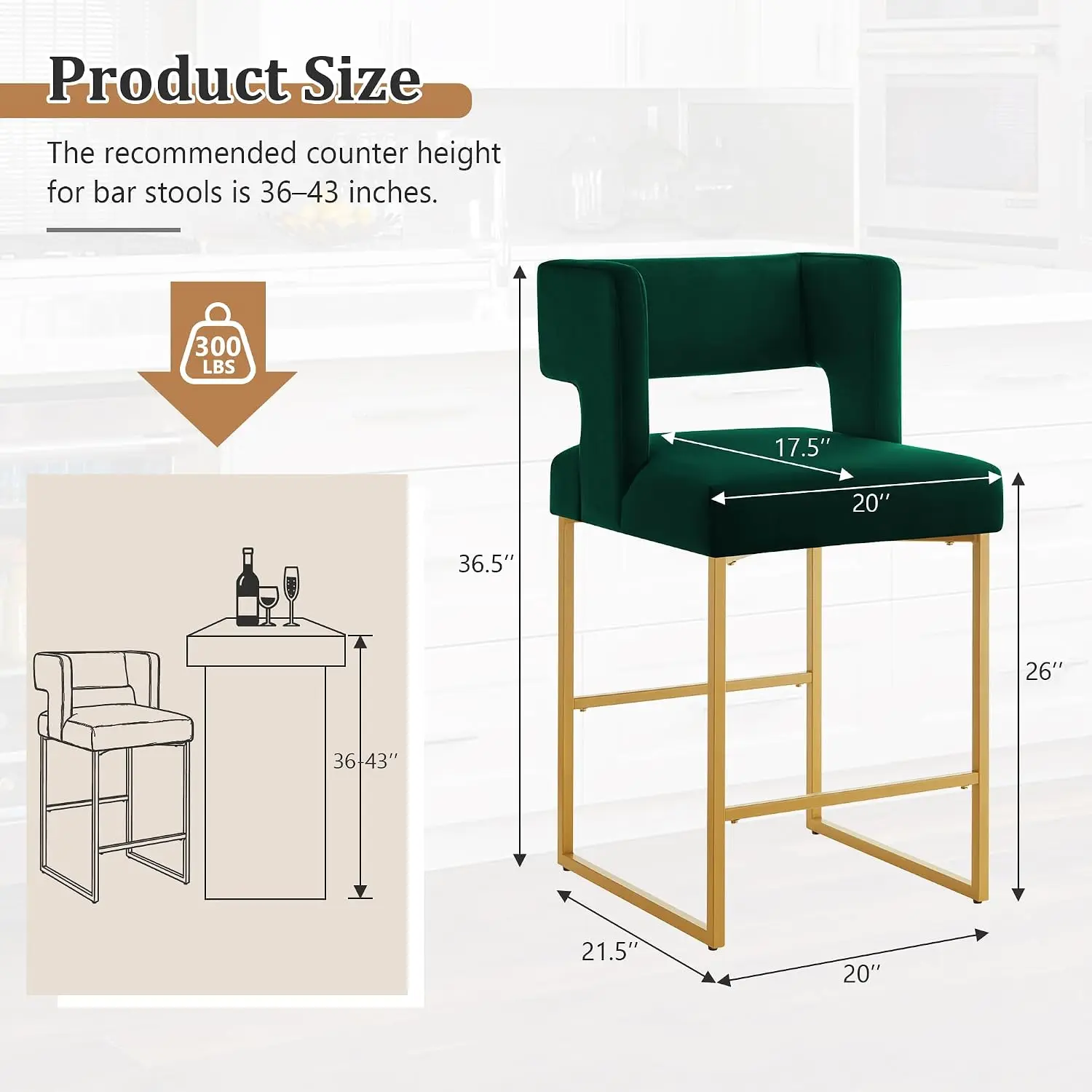 Green Velvet Bar Stool Set of 4 Counter Height Gold Leg, Customized