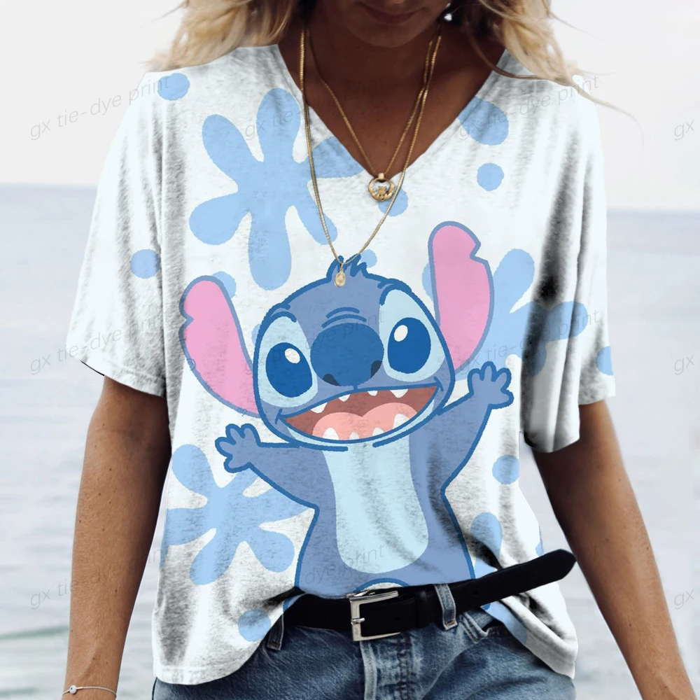 Summer Casual V-neck T-shirt Women\'s Disney Print Shirt Top Loose Stitch Women\'s Street Wear Short Sleeve Clothes S-5XL