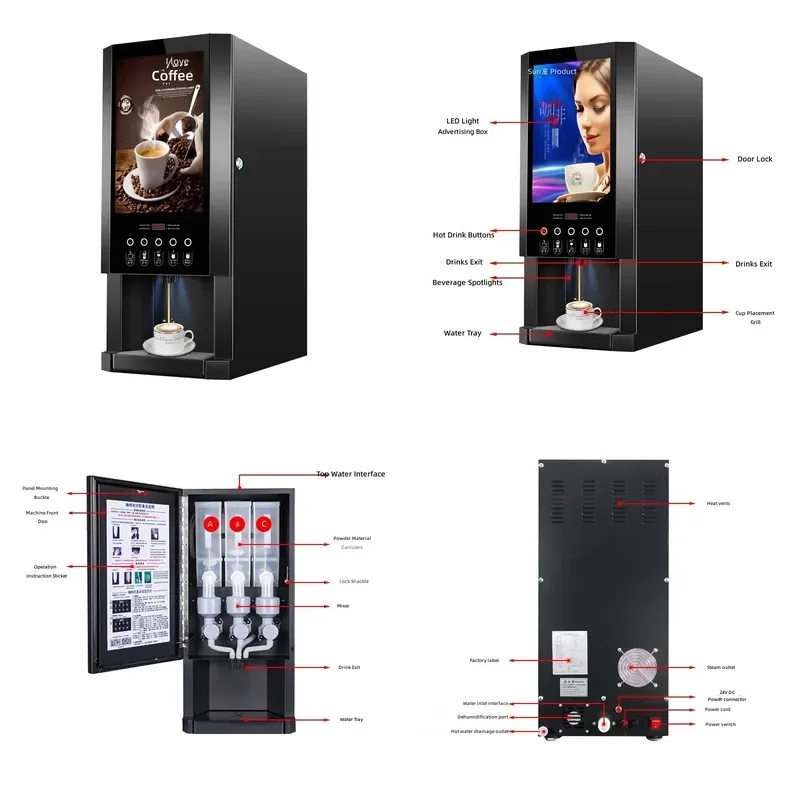 E-30SW 3 Hot Coffee Machine Commercial Automatic Coffee Dispenser Milk Vending Machine LED Advertising Box