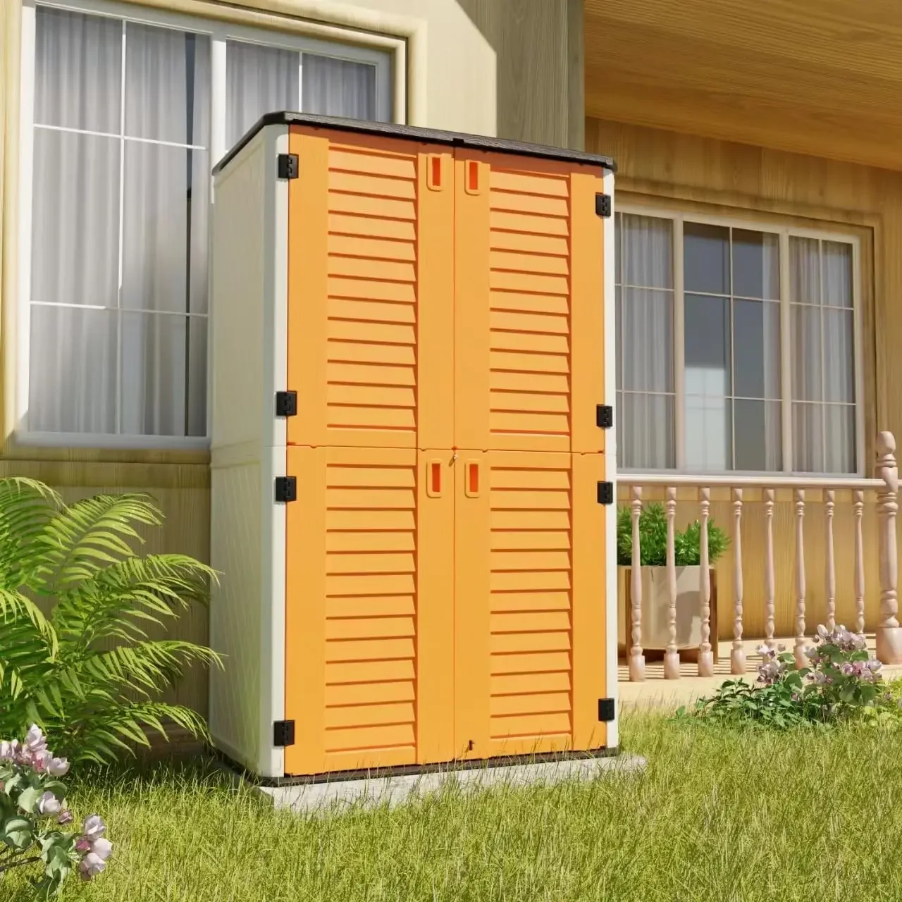 Resin Vertical Storage Shed Lockable, 66 Cubic Feet Outdoor Storage Box for Garden/Backyard/Home/Pool,(Orange-Off White)