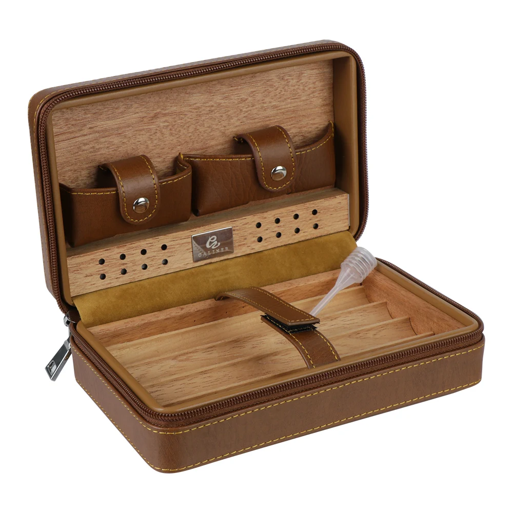 4 Cigars Box Humidor for Travel Use PU Leather Cigar Case Storage Portable Humidifier Cedar Wood Cigar Humidor Box