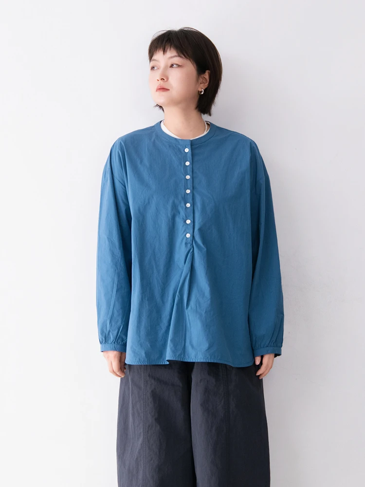 

Pure Cotton Long Sve round Ne irt Women Casual Sle f Open Front Pleated Straight Cut Daily Wear Top Split Hem