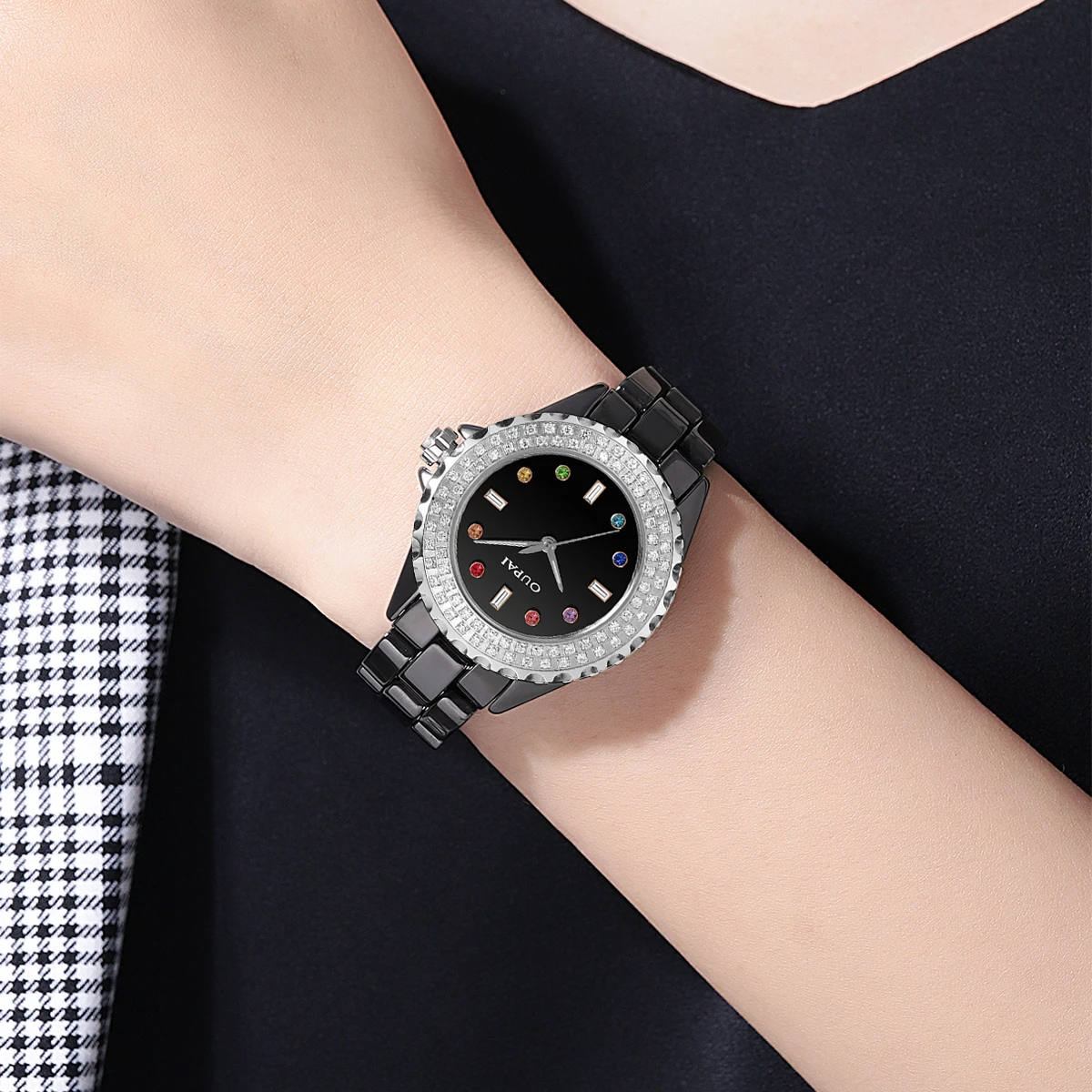 

Oupai watch women's black ceramic Japan quartz move fashion simple rhinestone scale