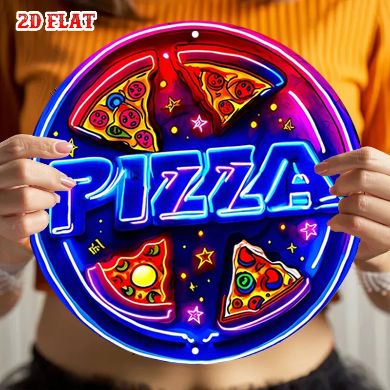 - Vintage 80s Arcade, 2D Flat Glowing Pizza Slice Sign with Neon Letters, Heavy-Duty Aluminum Metal Wall Art, Suitable view 6
