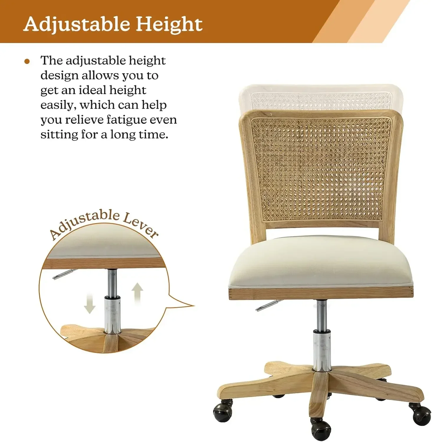 Office Chair Comfortable Upholstered Armless Desk Chair, Adjustable Swivel Rolling Computer Chair with Rattan Mid-Back Support,