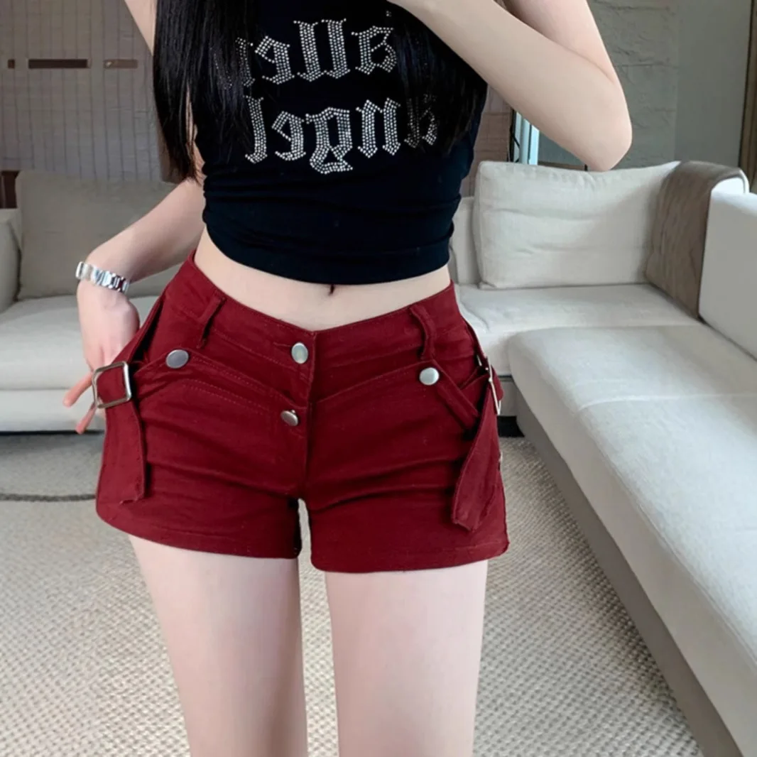Women's Red Cargo Denim Shorts Metal Buckle Strap High Waist Skinny Jean Shorts Y2K Streetwear Mini Hot Pants
