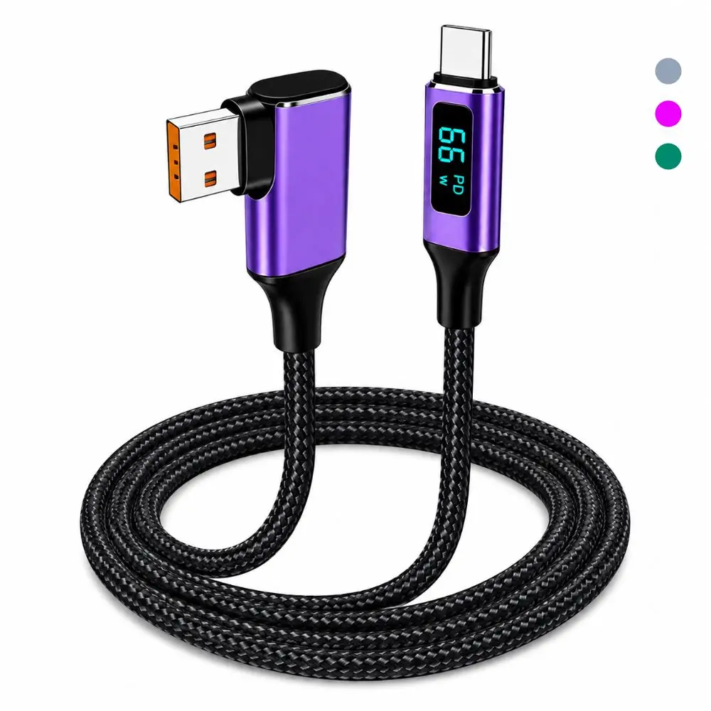 66W Fast Charging USB-A to USB-C Cable Right Angle Real-Time Display Right Angle Charging Cord Data Transfer Nylon Braided