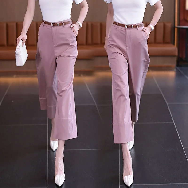 سراويل نسائية قطنية صيفية متعددة الاستخدامات فضفاضة ثنيات مستقيمة الساق سراويل غير رسمية تسع نقاط