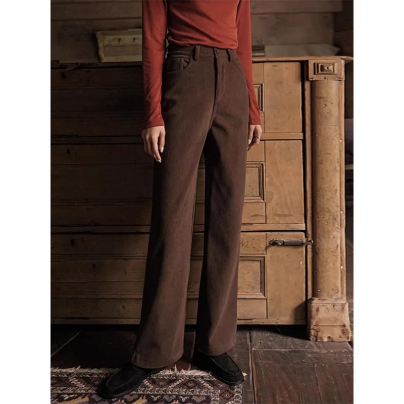 Corduroy Narrow Wide-Leg Pants for Women Autumn and Winter New Fleece-lined Thick Glutinous Rice Pants High Waist Slimming Strai