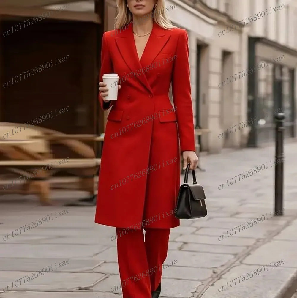 

New Red Long Blazer Women Suits Lady Formal Business Tuxedos Mother Wedding Party Special Ladies 2 Piece Set Jacket Pants