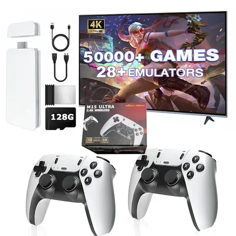 새로운 4K TV 게임 스틱 M15 울트라 64G 128G 휴대용 게임 플레이어 2.4G 듀얼 무선 컨트롤러 5만+ 게임 가족용 게임 플레이어 1