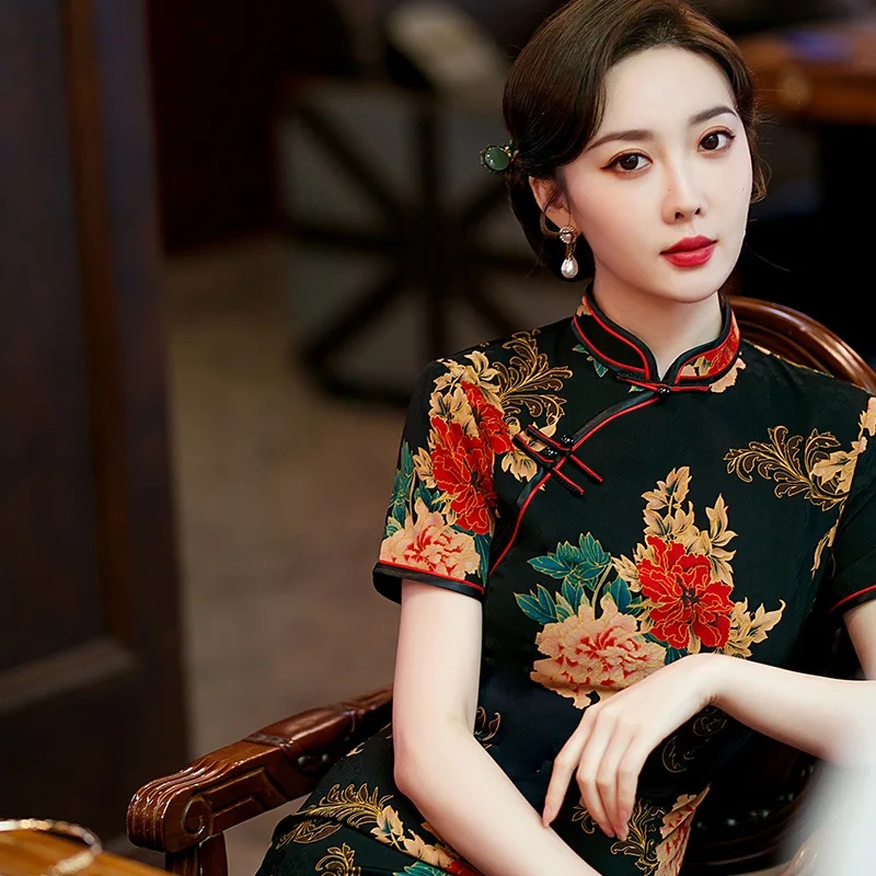 

Chinese Traditional Women Dress Print Flower Cheongsam Girls Qipao Formal Party Fashion Dresses Vintage Retro Satin Vestidos