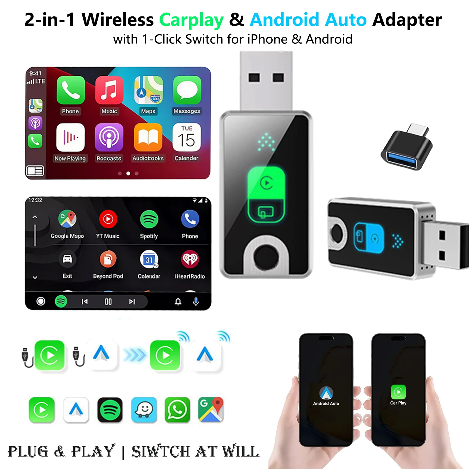 2-in-1 draadloze carplay- en Android-auto-adapter, snelle verbinding CarPlay-adapter met schakelaar met één klik voor iPhone en Android