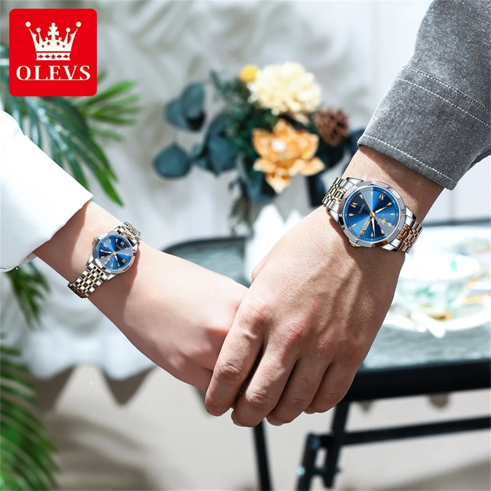 OLEVS 9998 ساعات الزوجين الفاخرة الأصلية الموضة الكلاسيكية العلامة التجارية مقاوم للماء مضيئة كوارتز ساعة اليد نافذة التقويم الساعات #4