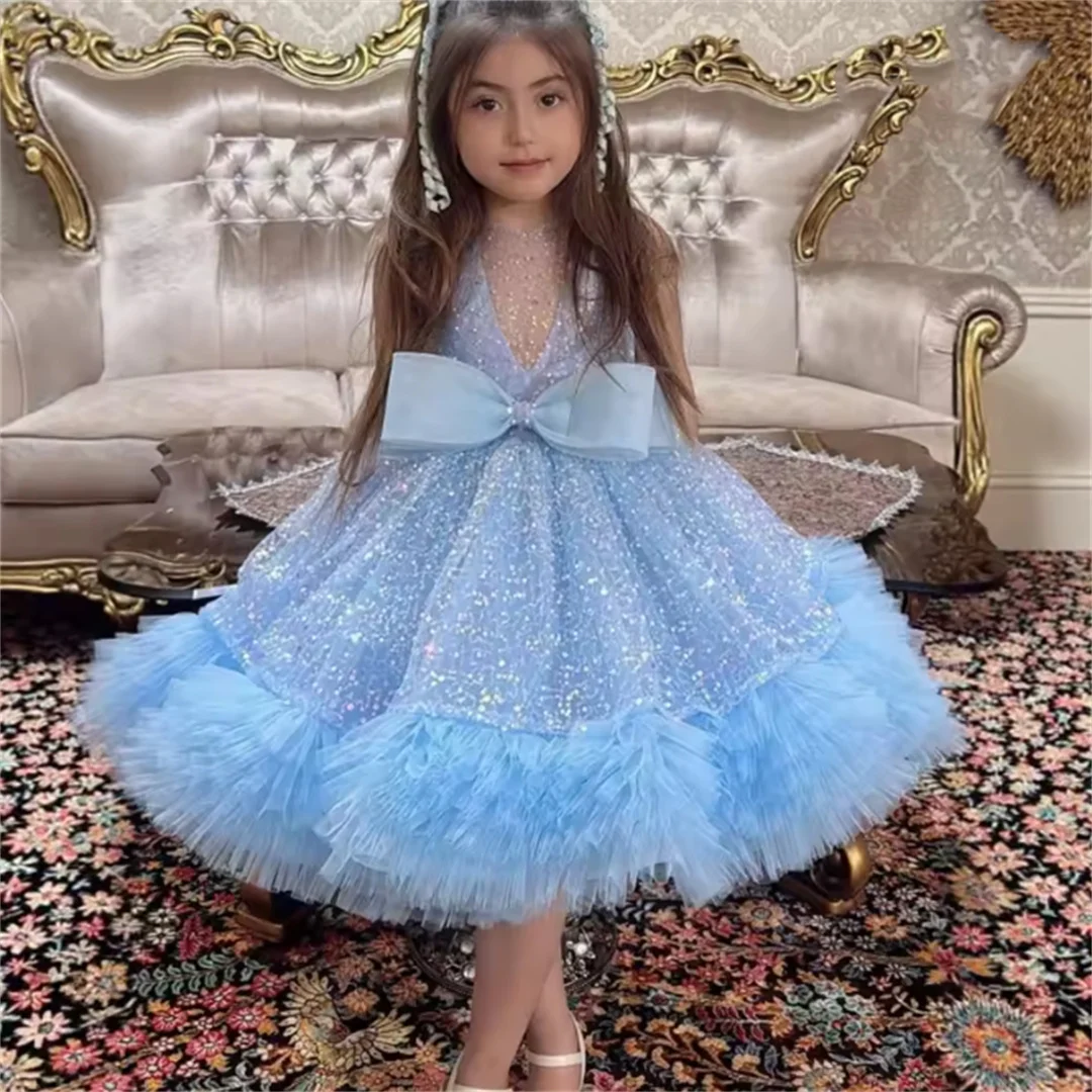 Children Girls Formal Style Tutu Little Host Model Performance Pageant CostumeDress Blue Sequin Fashion Elegant Kids Princess