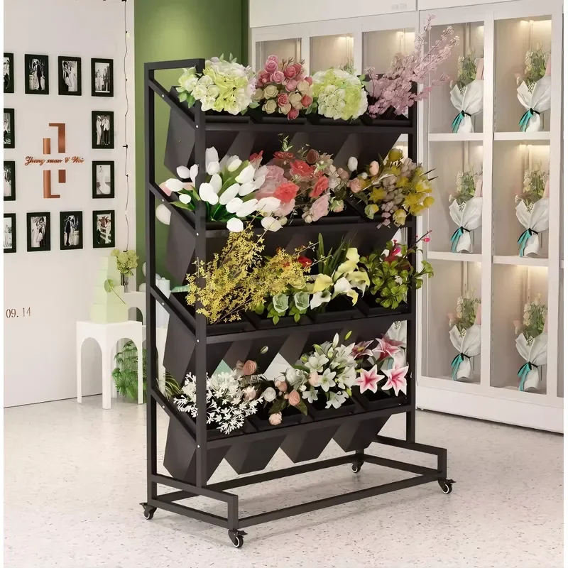 Customizable Rotatable Mobile Flower Display Shelf for Flower Shop Design Metal Multi-layer Flower Rack Stand