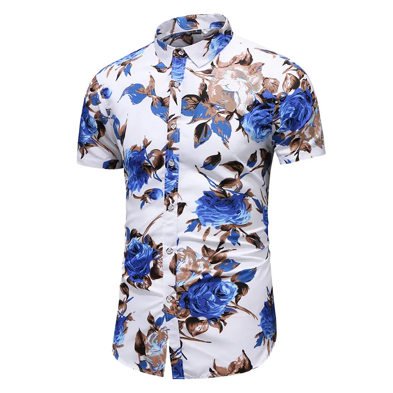 Summer Mens Short Sleeve Shirt Large Print Fashion Casual Slim Fit Business Gentleman Big Size Thin Material Floral Pattern