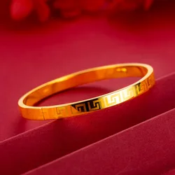 Imitation 18k Gold Fashion Simple Buckle Great Wall Pattern Bracelet Vietnam Gold-plated Laser Back Pattern Bangle For Men Women