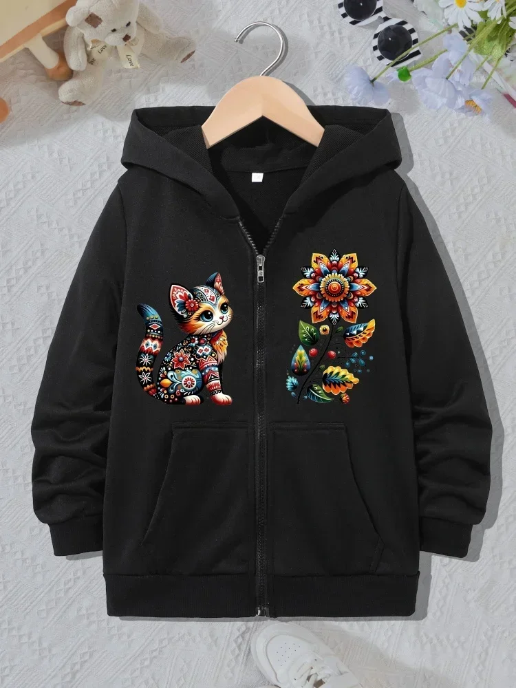 Kids Full Zip Hoodie Vibrant Ethnic Pattern Kitten Flower Graphic Long Sleeve Loose Hooded Outerwear For Little Girls Daily Wear