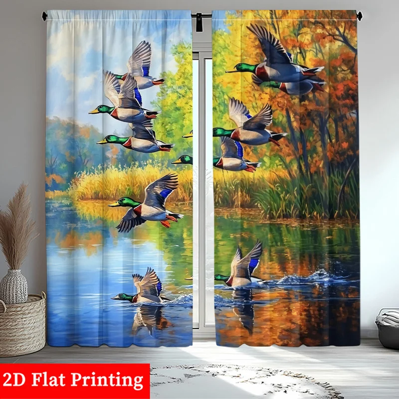 Flying Duck Curtain, 3D Lake Waterfowl Landscape Window Drape, Nature Hunting Scene Decor for Living Room, Realistic Bird Fabric