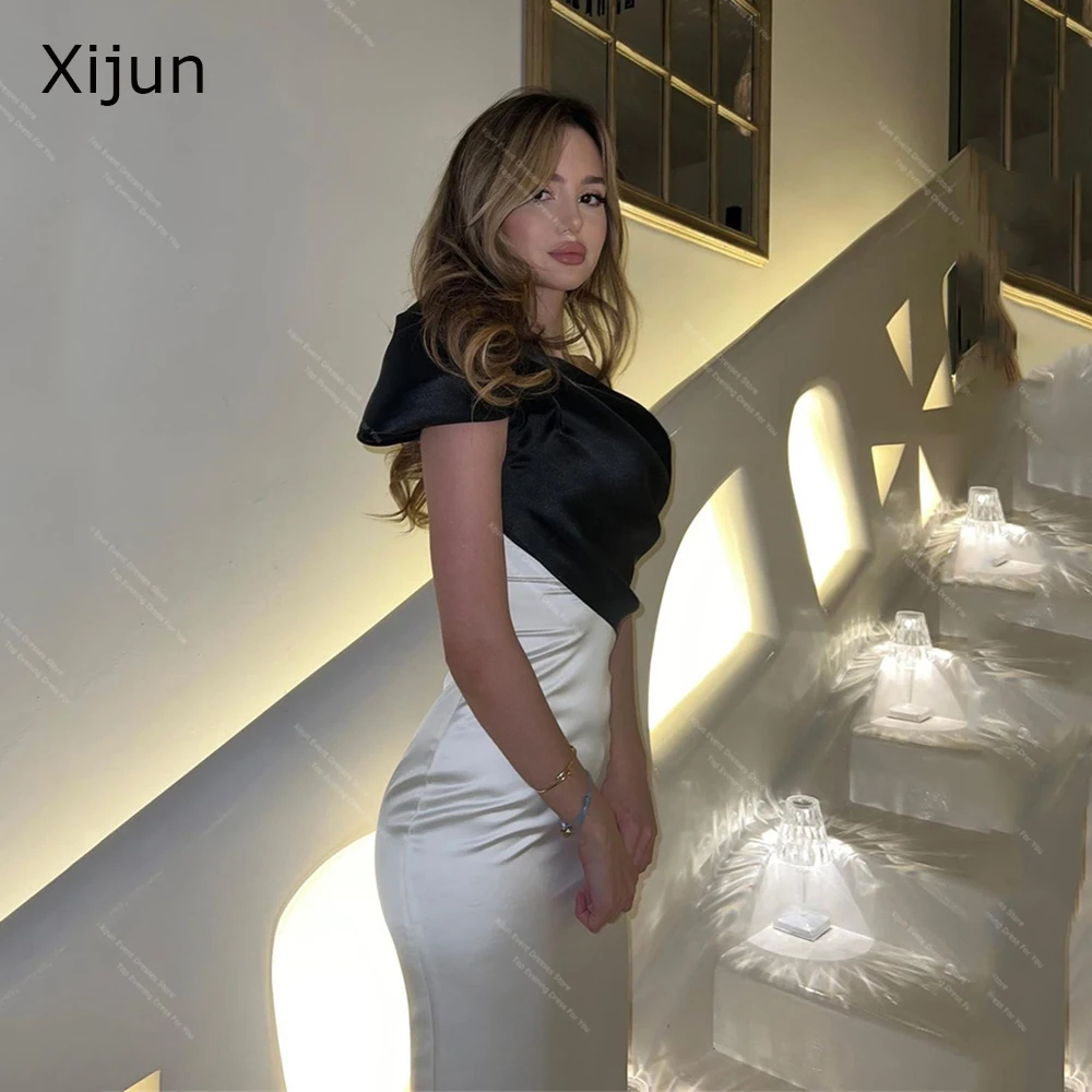 Xijun Mermaid Black White Long Evening Dresses One Shoulder Sleeveless Prom Dresses Saudi Arabric Simple Satin Prom Gowns 2024