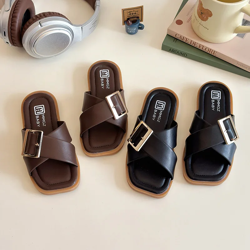 

Girl Shoe2025summer Fashion Cross Kid Slipper Metal Buckle Girl Sandals Casual Girl Slipper Soft Sole Kid Shoesandalias De Mujer