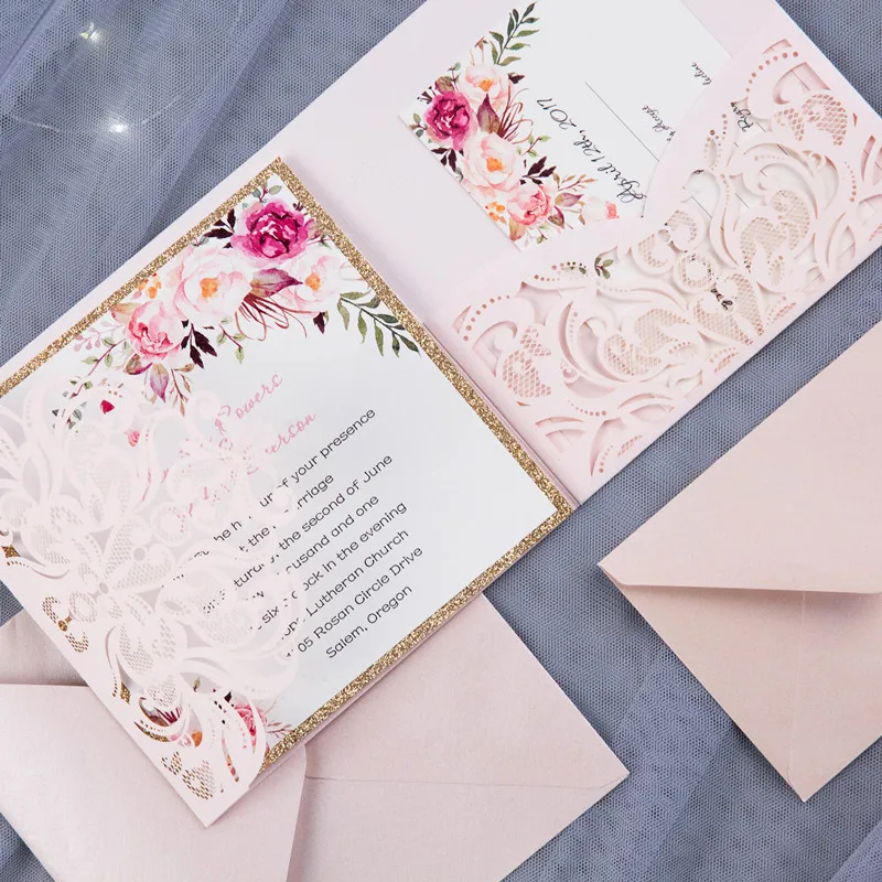 (100 pieces/lot) High-end Personalize Laser Pink XV Birthday Christening Invitations Gold Glitter Wedding Invitation Card IC137