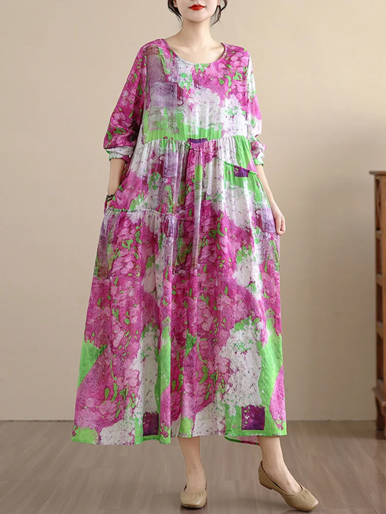 2025 봄 가을 신상 긴팔 면 플로럴 프린트 빈티지 여성용 드레스 캐주얼 루즈핏 미디 드레스 여성 우아한 의류